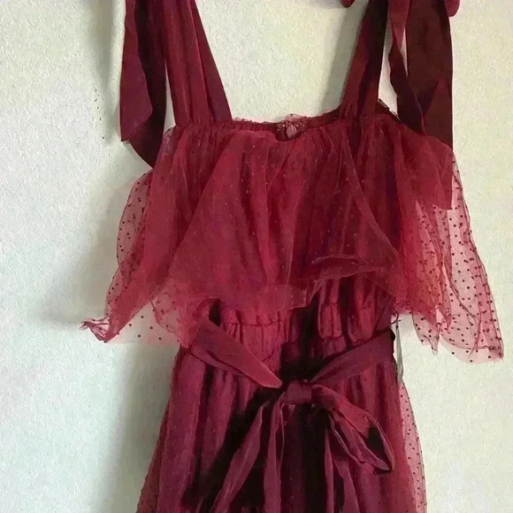 Lulu’s Lovely Influence Wine Red Tulle Swiss Dot Tie-Strap Coquette Midi Dress L - Picture 4 of 13